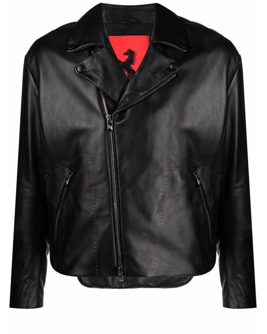 Ferrari Black Prancing Horse Leather Biker Jacket for men