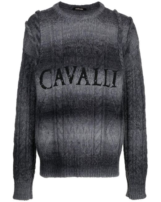Roberto Cavalli Gray Logo-Print Knit Jumper for men