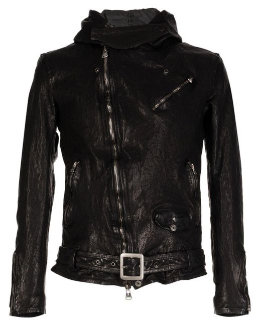 Yohji Yamamoto Black Hooded Leather Biker Jacket for men