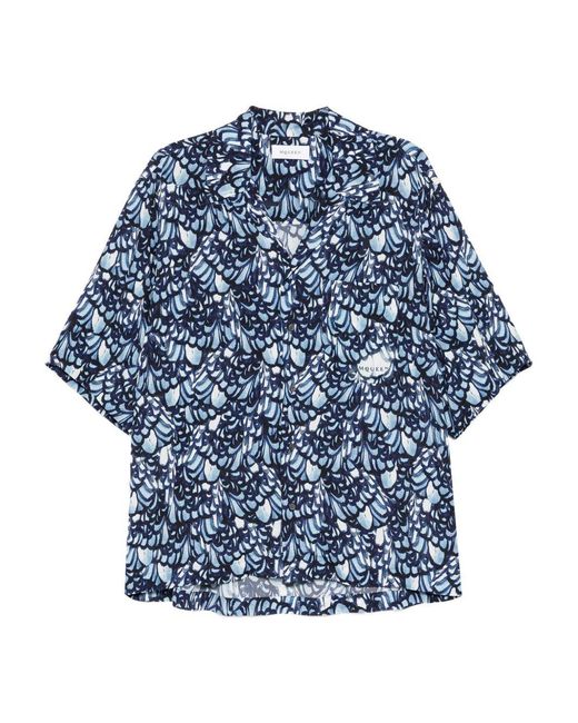 McQueen Blue Feather-Print Short-Sleeve Shirt for men