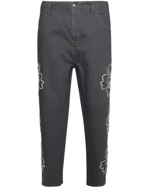 Bluemarble Gray Hibiscus Embroidered Jeans for men