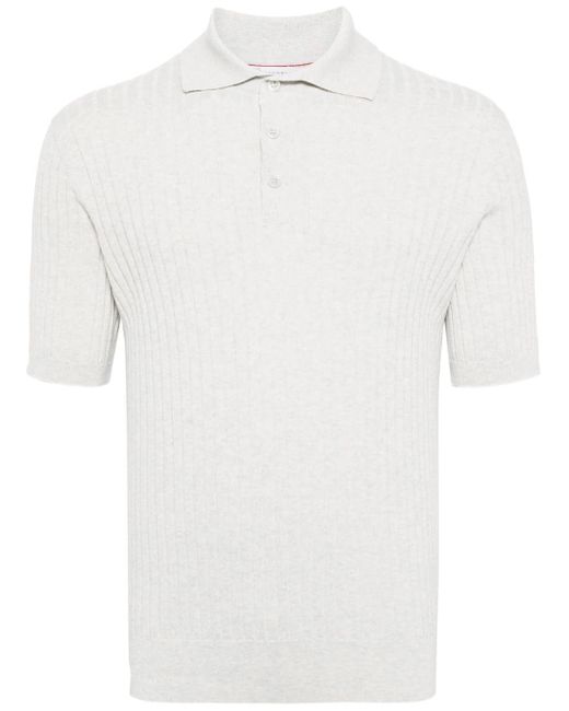 Brunello Cucinelli White Knitted Cotton Polo Shirt for men