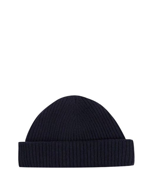 John Smedley Blue Ribbed Beanie Hat for men
