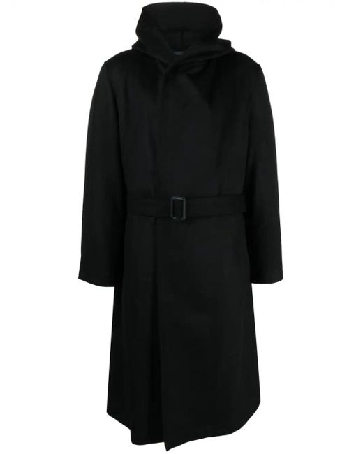 Yohji Yamamoto Black Hooded Belted Coat for men