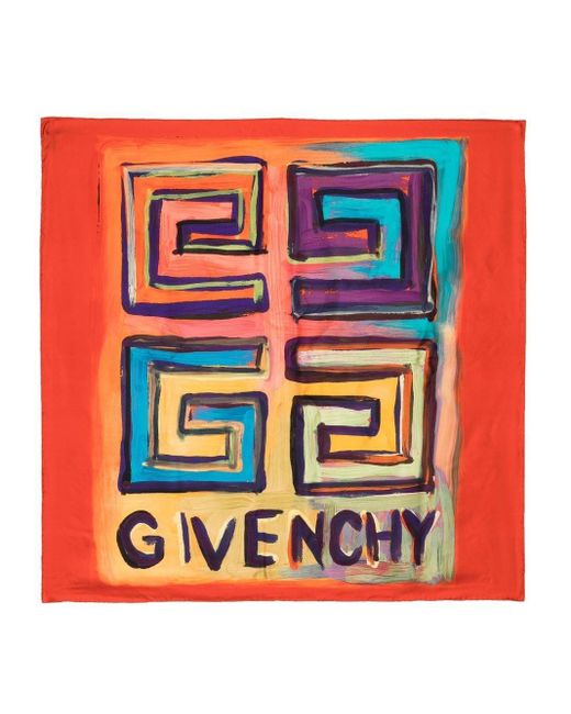 Givenchy Red Hand-painted Logo Silk Scarf for men