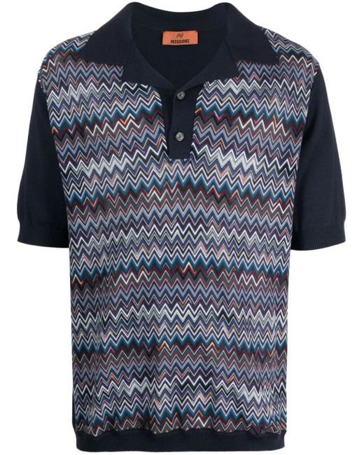Missoni Blue Zigzag-pattern Ribbed Polo Shirt for men