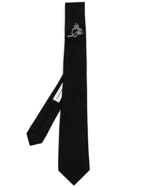 Alexander McQueen Black Embroidered-Graphic Silk Tie for men