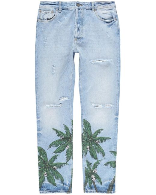 Palm Angels Blue Palm Tree-Print Slim-Fit Jeans for men