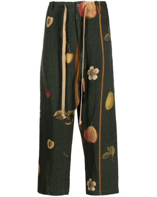 Uma Wang Green Fruit-print Cropped Trousers for men