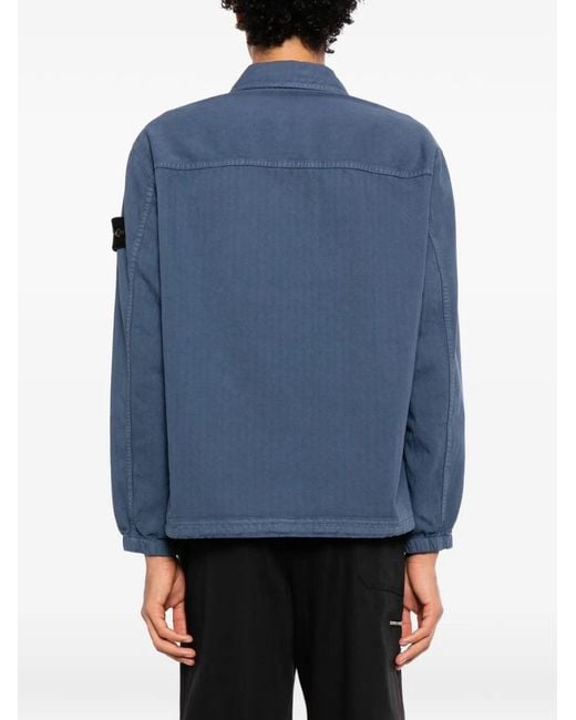 Stone Island Blue Compass-Patch Herringbone Shirt for men