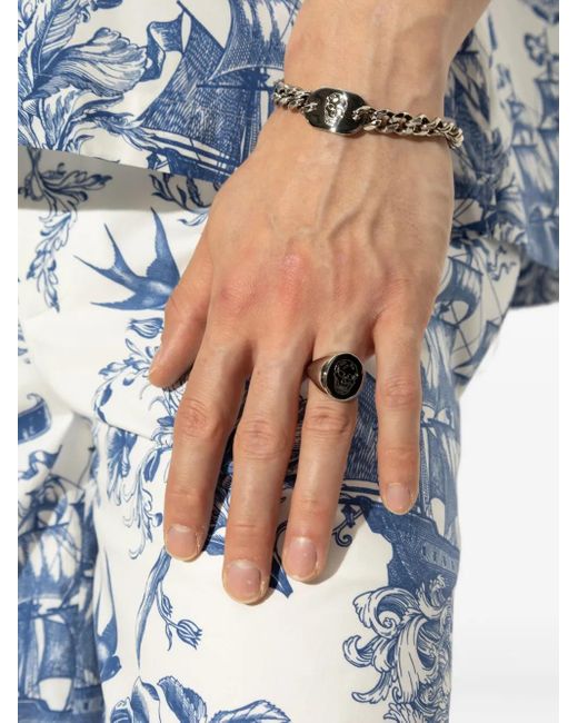 Alexander McQueen White Skull-Embossed Signet Ring for men