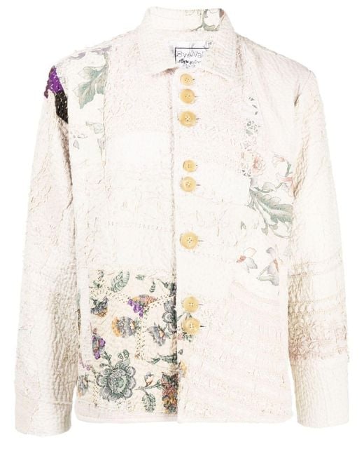 By Walid Natural Embroidered-Patchwork Cotton Shirt Jacket for men
