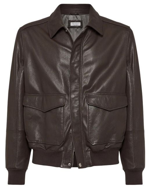 Brunello Cucinelli Black Aviator Leather Jacket for men