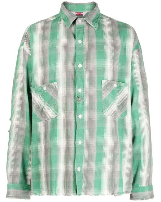 SAINT Mxxxxxx Green Check-print Ripped-detail Cotton Shirt for men