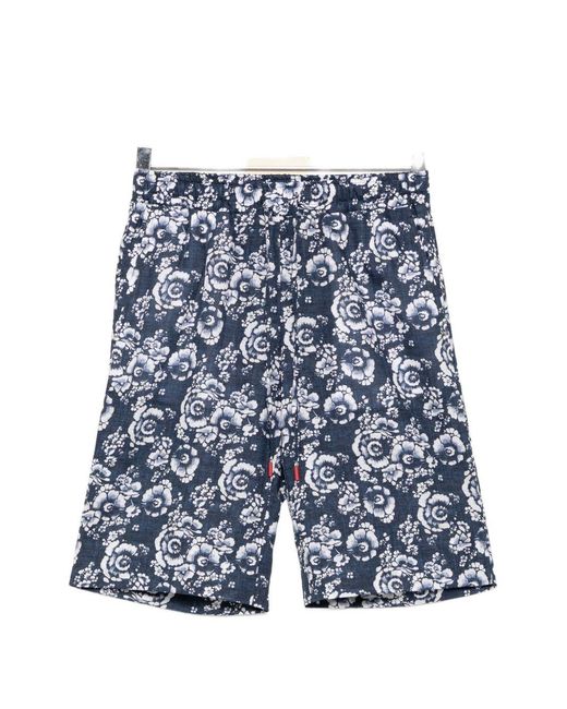 Kiton Blue Floral-Print Drawstring Shorts for men
