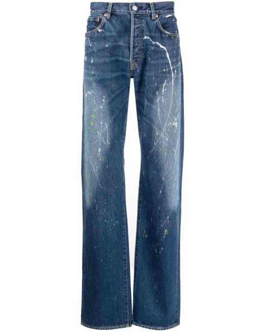 Yohji Yamamoto Blue Paint-splatter Straight-leg Jeans for men