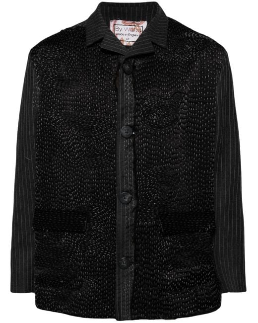 By Walid Black Embroidered Pinstriped Shirt Jacket for men