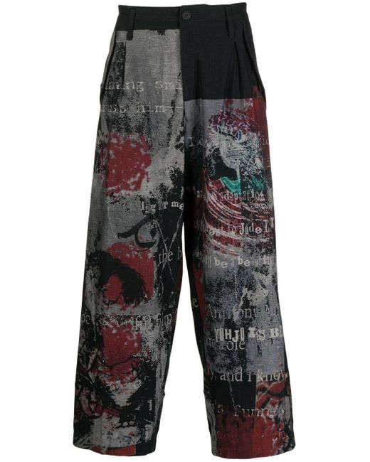 Yohji Yamamoto Gray Graphic-print Wide-leg Trousers for men