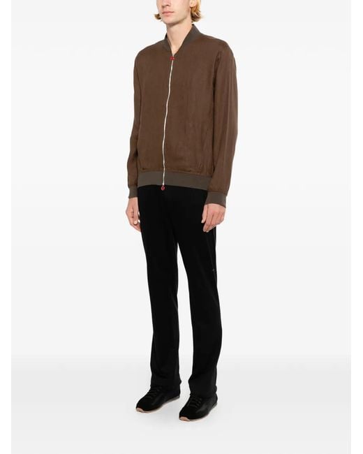 Kiton Brown Linen Ribbed-Trim Zip Jacket for men