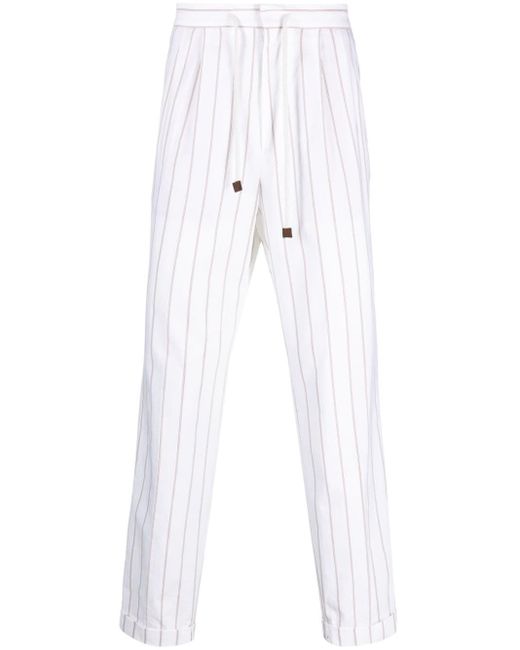 Brunello Cucinelli White Striped Drawstring Cotton Trousers for men