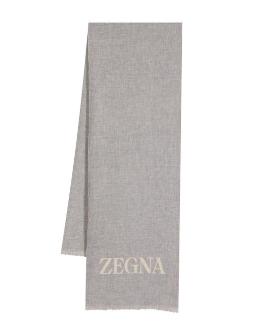 Zegna Gray Logo-jacquard Frayed Scarf for men