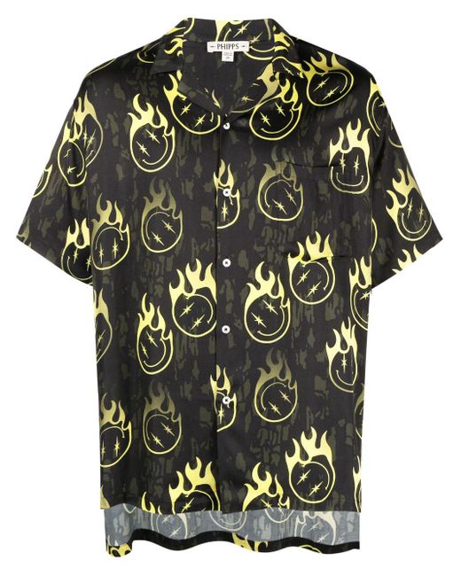Phipps Black Oversized Smiley-print Bowling Shirt for men