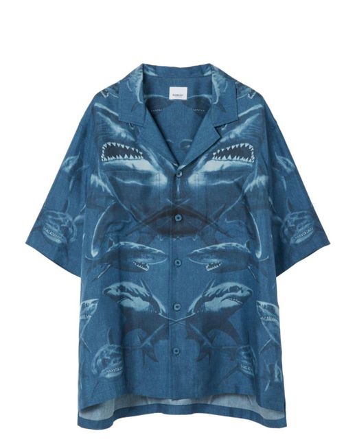 Burberry Blue Shark Print Short-sleeve Silk Shirt for men