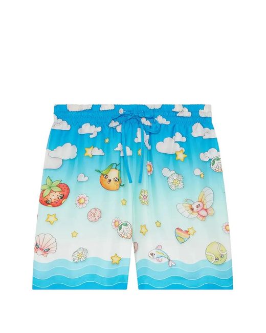 Casablanca Blue Kawaii-Motif Silk Twill Shorts for men