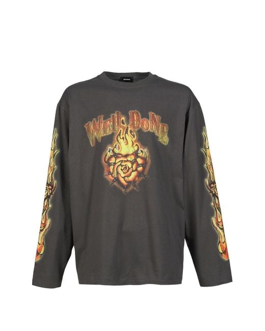we11done Gray Flame-Graphic T-Shirt for men