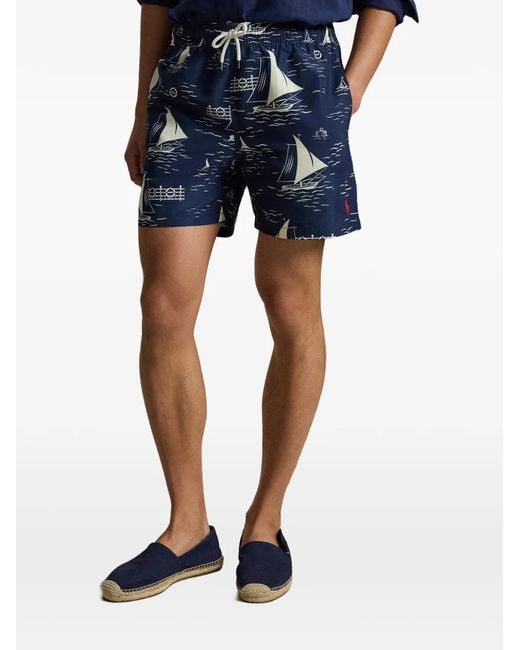 Polo Ralph Lauren Blue Sailboat-Print Swim Trunks for men