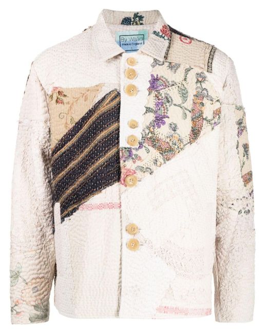 By Walid Natural Embroidered-patchwork Cotton Shirt Jacket for men
