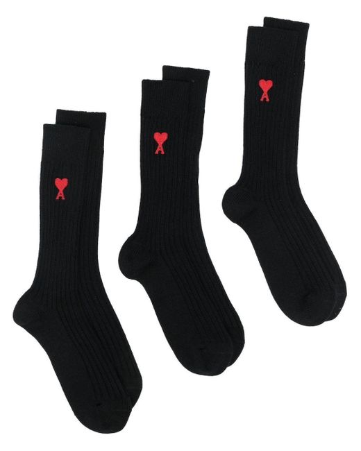 AMI Black Logo-print Ribbed Three-pack Socks for men
