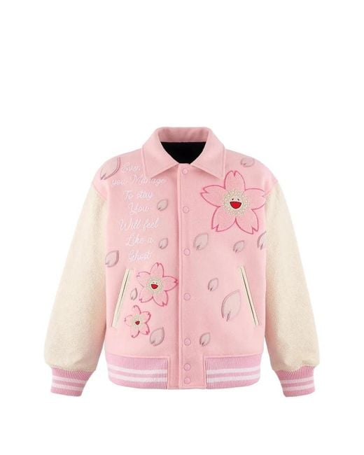 Monokemade Pink Cherry Blossom-Embroidered Varsity Jacket for men