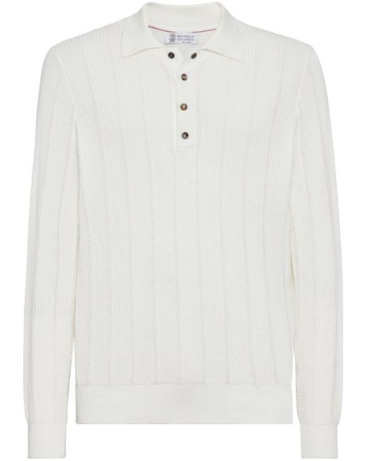 Brunello Cucinelli White Long Sleeve Polo Shirt for men