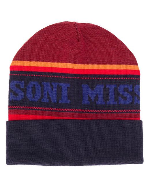 Missoni Red Striped Logo Printed Beanie Hat for men