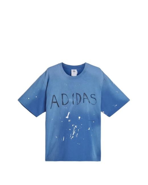 Adidas Blue X Song For The Mute 007 Paint-Splatter Logo-Print T-Shirt for men