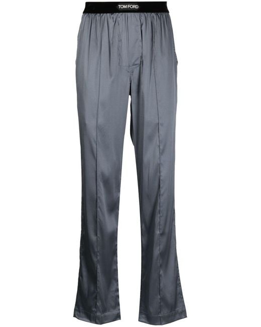 Tom Ford Blue Logo-Waistband Satin-Finish Trousers for men