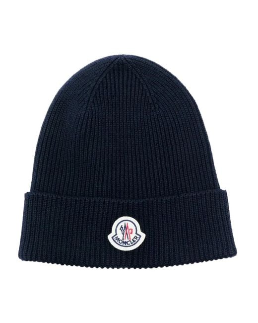 Moncler Blue Logo-Patch Ribbed-Knit Beanie Hat for men