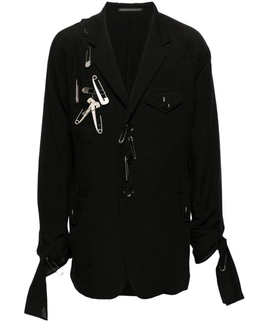 Yohji Yamamoto Black Safety-Pin Embellished Linen Blazer for men