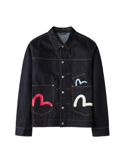 Evisu Black Seagull-Print Multi-Pocket Denim Jacket for men