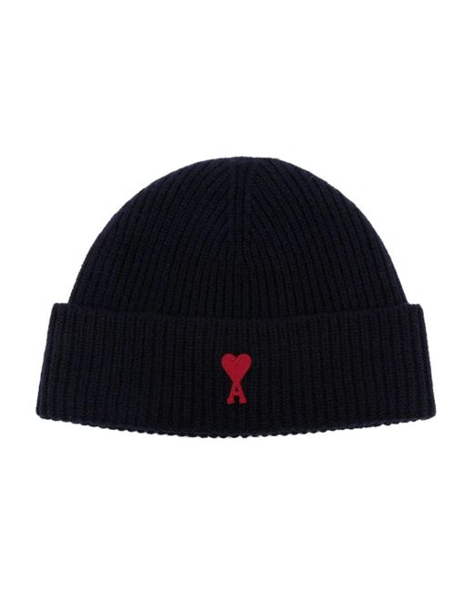 AMI Blue Ribbed-knit Embroidered Beanie for men