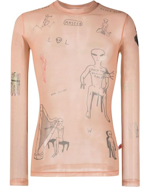Walter Van Beirendonck Pink Long-sleeved Tattoo Mesh T-shirt for men