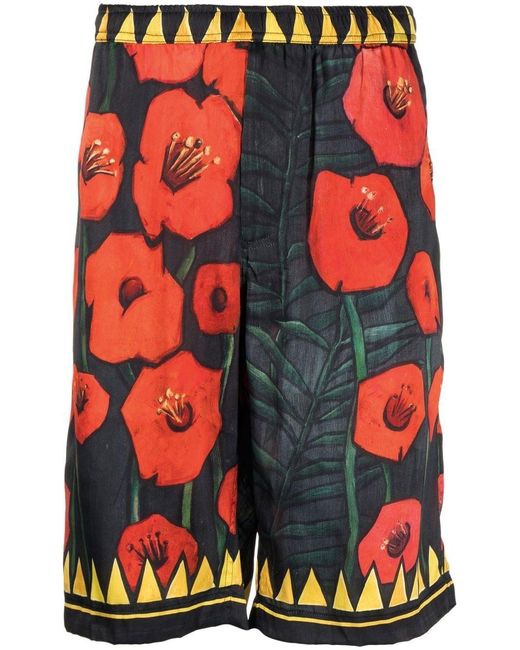 Endless Joy Red Floral-Print Silk Shorts for men