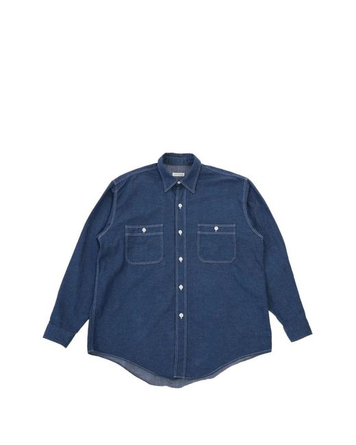 Kaptain Sunshine Blue Contrast-Stitch Chest-Pockets Shirt for men