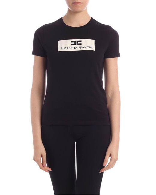 Elisabetta Franchi Denim T-shirt With Logo in Black - Save 30% - Lyst