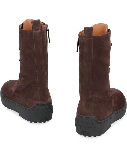 Tod's Brown Ankle Boot Winter Rubber In Suede Leather