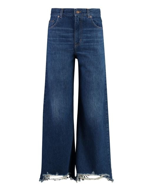Chloé Blue Cropped Distressed High-Rise Wide-Leg Jeans