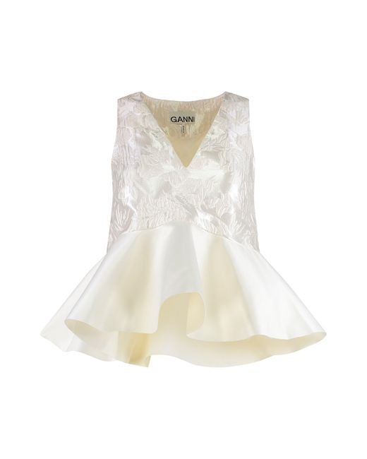 Ganni White Satin Top With Peplum And Cloque