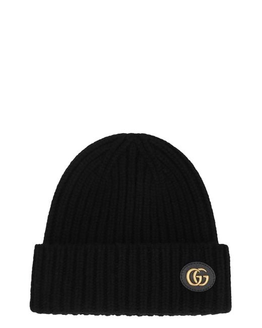 Gucci Black Cashmere Wool Hat With Double G