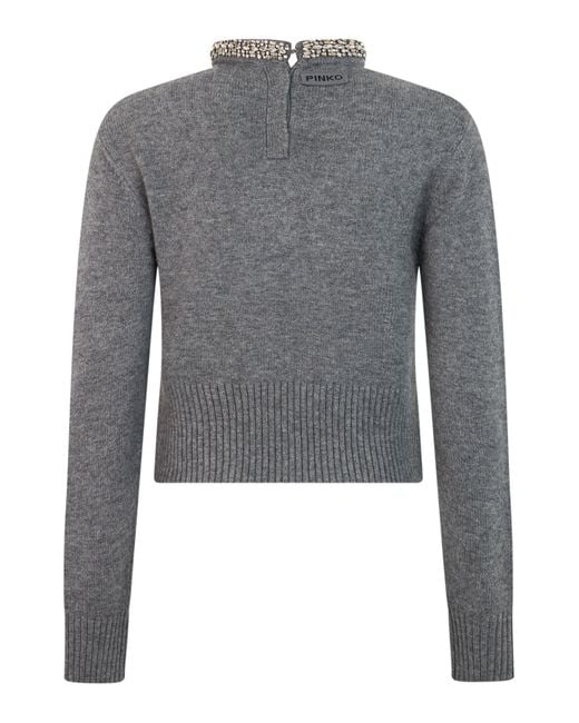 Pinko Gray Rhinestone-Collar Cropped Long-Sleeve Sweater